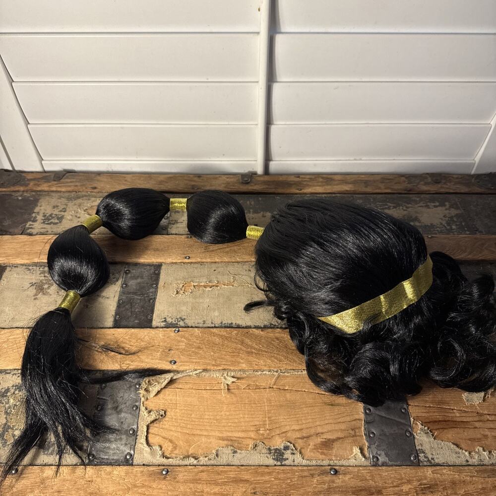 Princess Jasmine Cosplay Wig – Styled Black Bubble Ponytail with Gold Bands